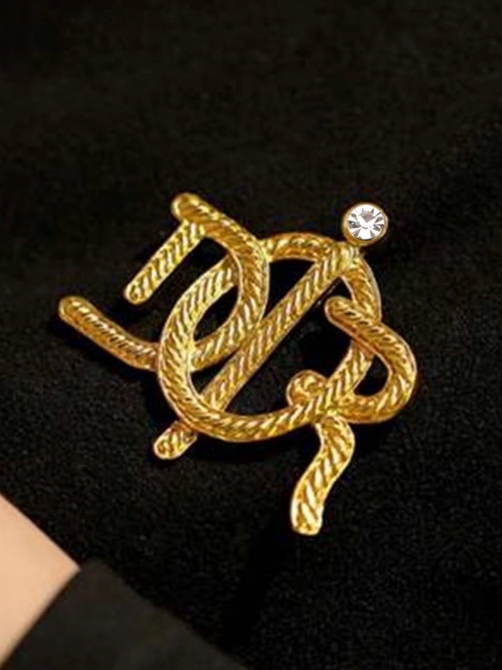 Gold Rope Monogram Brooch with Crystal Accent - Women Jewelry - Fashion Inspired